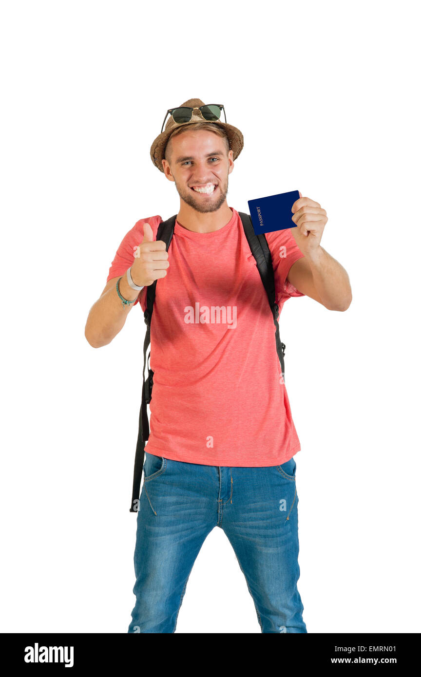 Happy begeistert junge Reisende Reisepass anzeigen Stockfoto