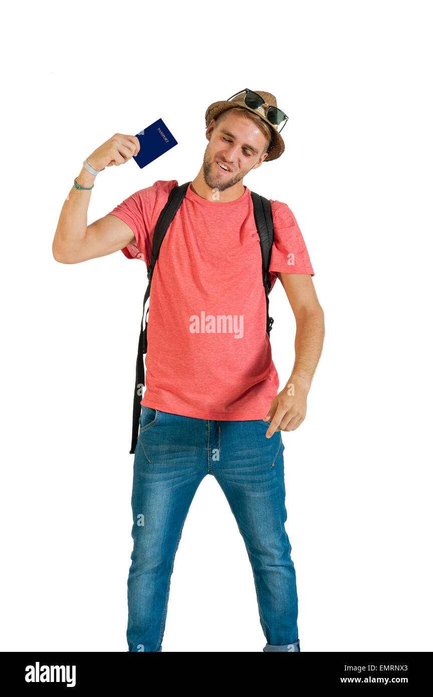 Happy begeistert junge Reisende Reisepass anzeigen Stockfoto