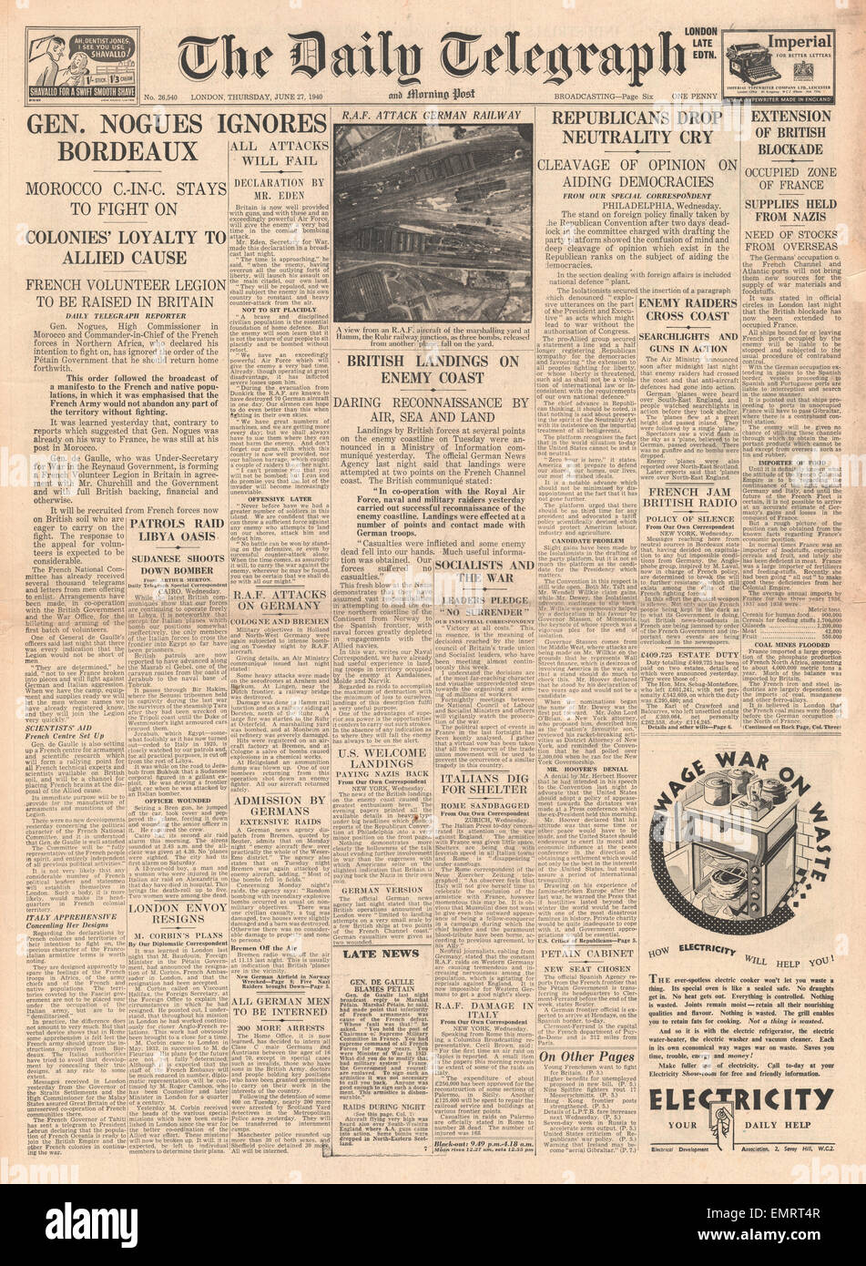 1940-Titelseite Daily Telegraph General Nogue Oberbefehlshaber in Französisch Marokko ignoriert Order zur Hingabe Stockfoto