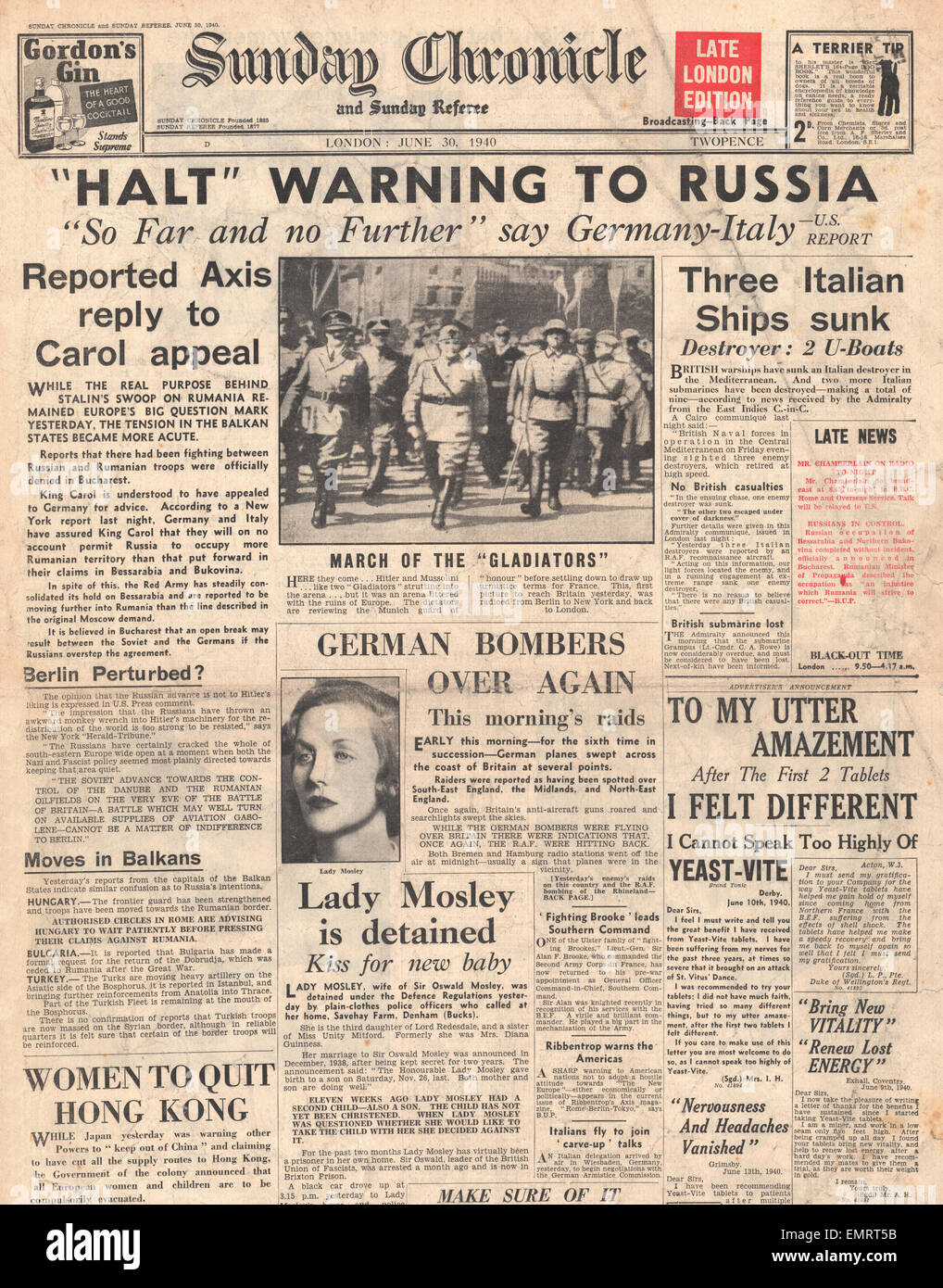 1940-Titelseite Sonntag Chronik Italien Deutschland fordern Russland auf Rumänisch Invasion Lady Mosley stoppen verhaftet Stockfoto
