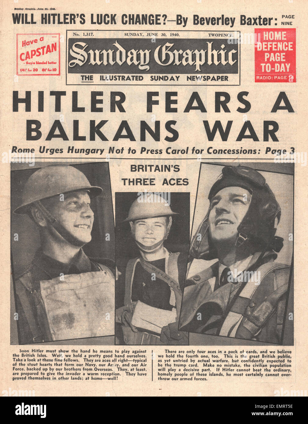1940-Titelseite Sunday Graphic Hitler Ängste Balkankriegs Stockfoto