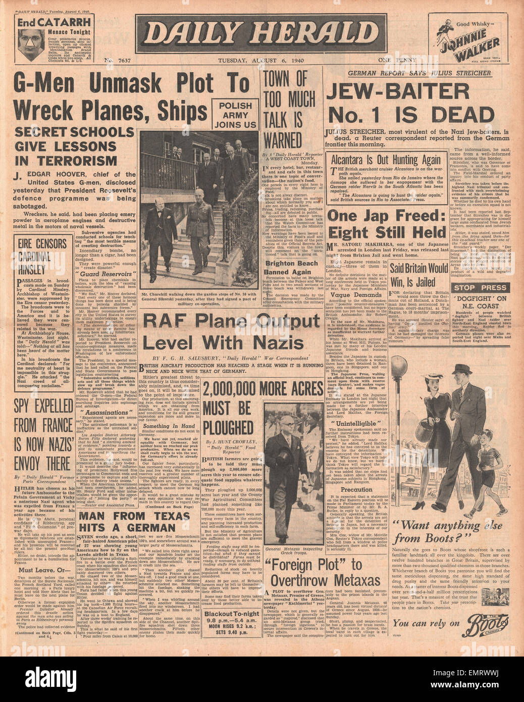 1940 Titelseite Daily Herald uns g-men entdecken Sie Sabotage-Grundstück Stockfoto