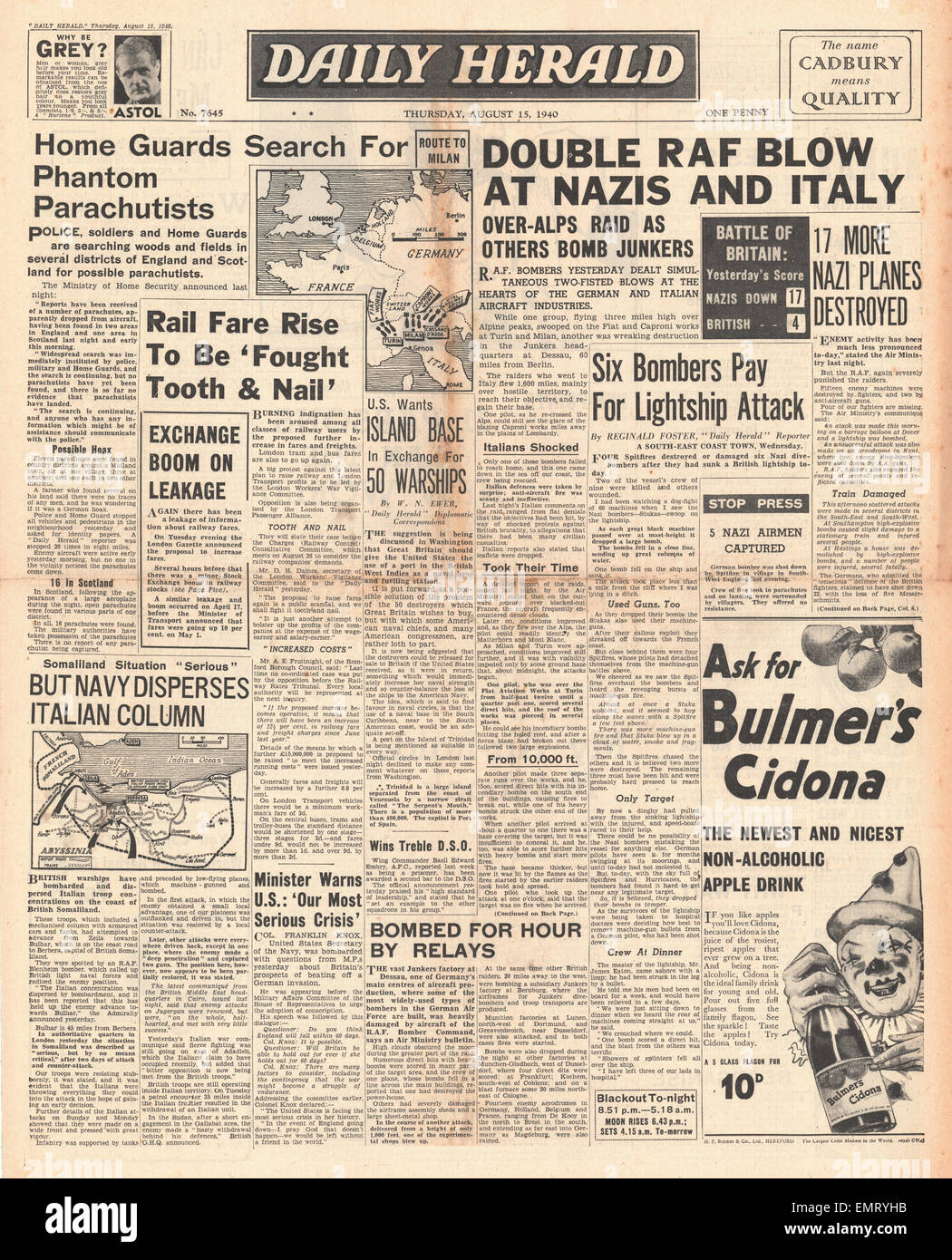 1940-Titelseite Daily Herald RAF Bombe Deutsch italienische Flugzeuge Fabriken Home Guard Suche nach Phantom Fallschirmspringer Stockfoto
