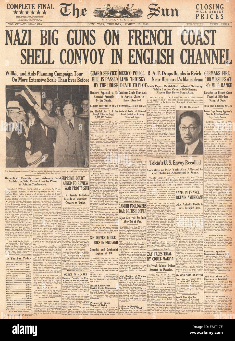 1940-Front Seite die Sonne (New York) deutsche Geschütze britischen Konvoi im Ärmelkanal shell Stockfoto