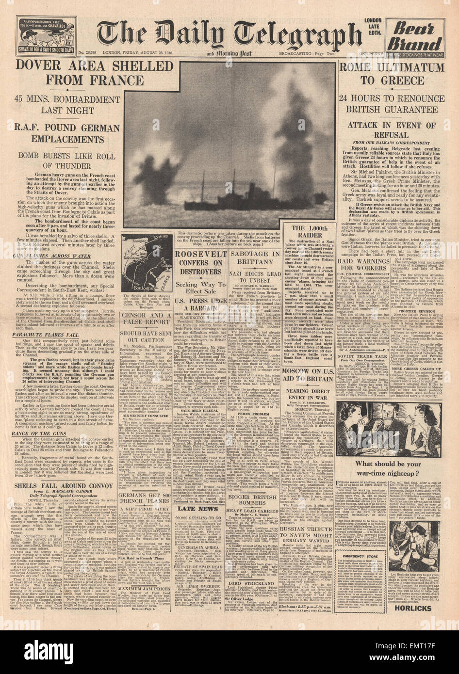 1940 shell Titelseite Daily Telegraph deutsche Geschütze Dover britischen Konvoi im Ärmelkanal italienischen Ultimatum nach Griechenland Stockfoto