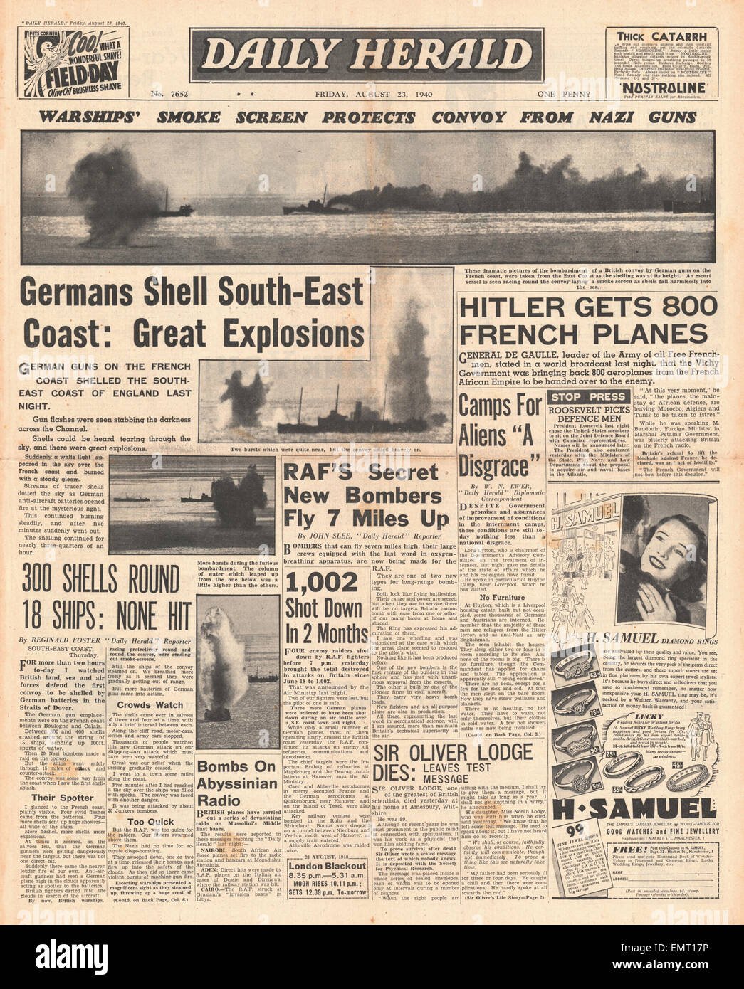 1940-Titelseite Daily Herald deutsche Waffen Shell Dover britischen Konvoi im Ärmelkanal Wissenschaftler stirbt Sir Oliver Lodge Stockfoto