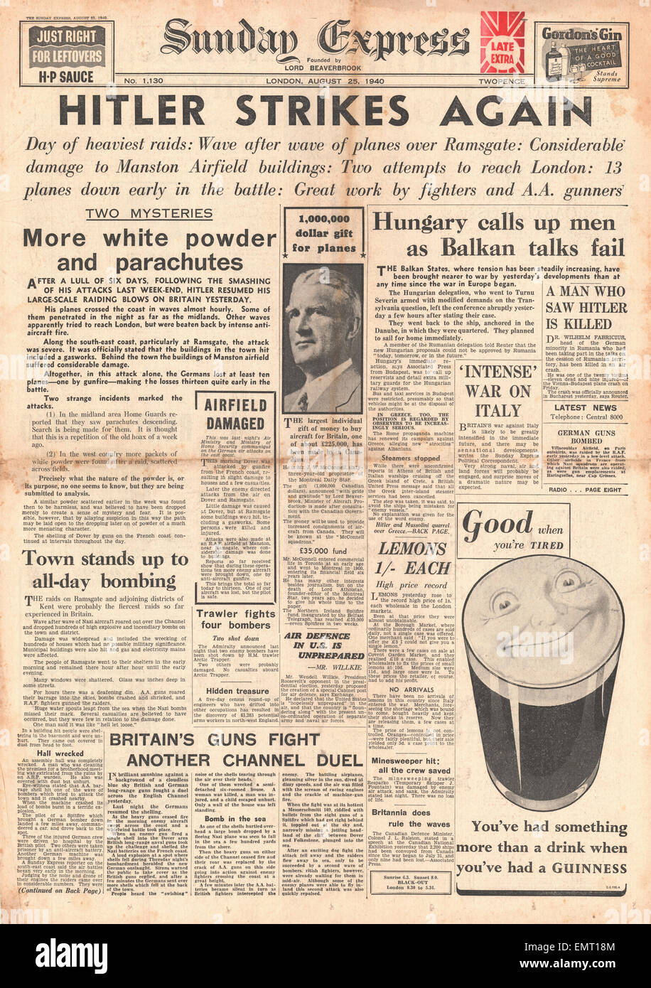 1940-Titelseite Sunday Express mehr deutsche Luft Razzien in Großbritannien Stockfoto