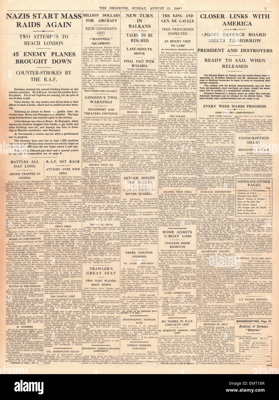 1940 the Observer Seite 5 mehr deutsche Luftangriffe auf Großbritannien engere Verbindungen zwischen Großbritannien, die Vereinigten Staaten Kanada Stockfoto