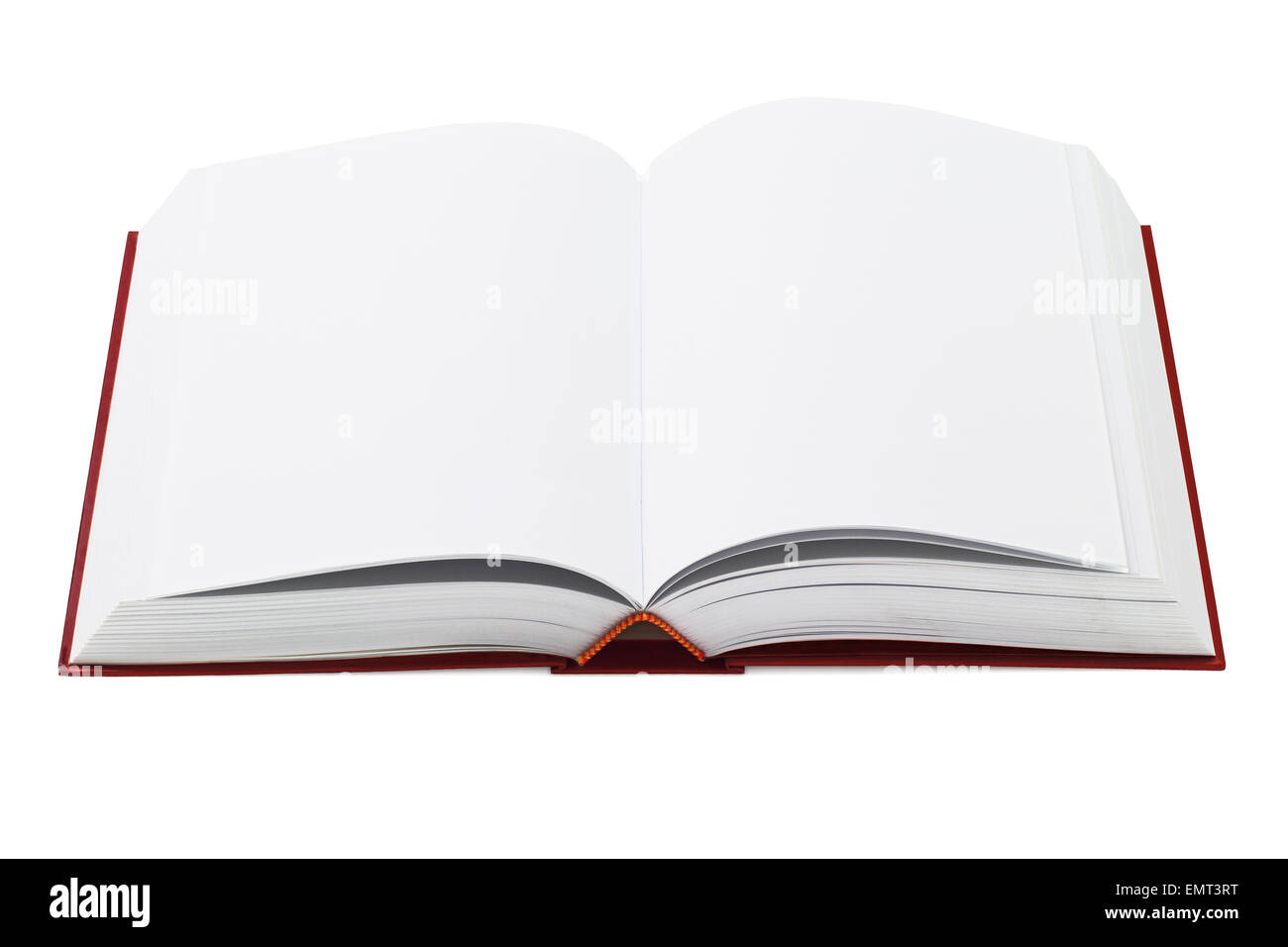Offenen Hardcover-Buch mit leeren Seiten auf weißem Hintergrund Stockfoto