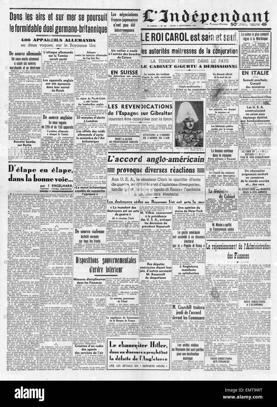 1940 ist Titelseite L' Independent König Carol sicher nach Abdankung Stockfoto