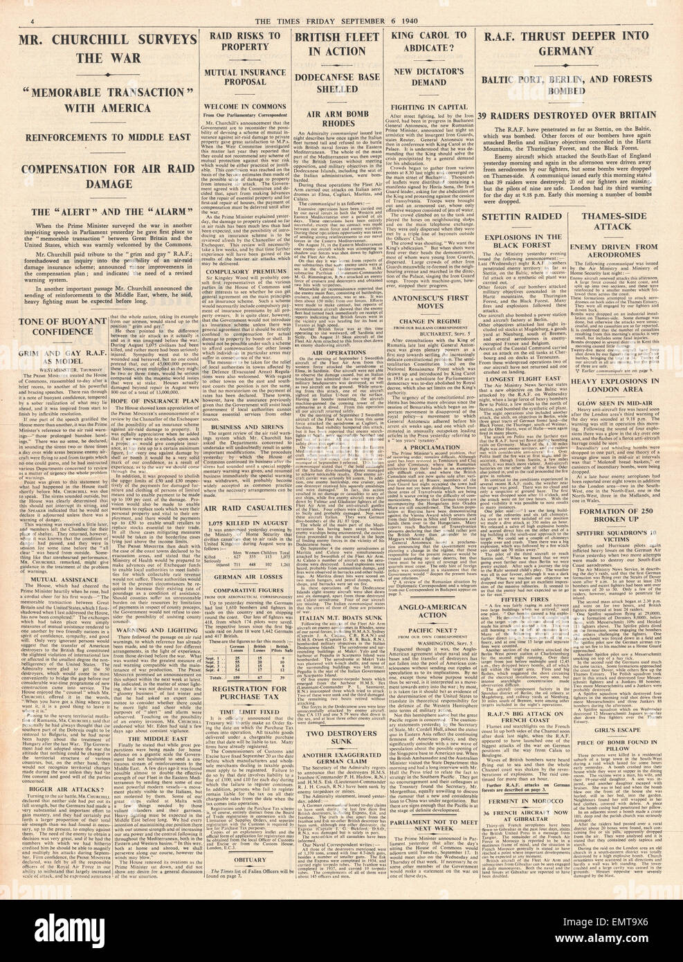 1940 s. 4 The Times Winston Churchill hält Rede auf der Krieg RAF Angriffe auf Ostseehäfen, Berlin deutsche Wälder Stockfoto