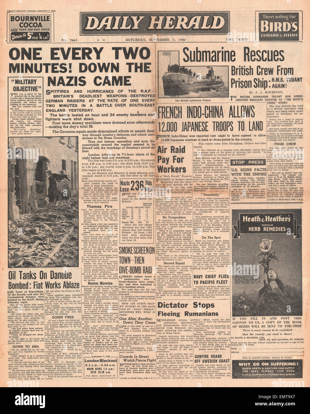 1940-Titelseite Daily Herald RAF Luftwaffe Kampf über South East England u-Boot HMS Truant rettet Kaufmann Seeleute Stockfoto