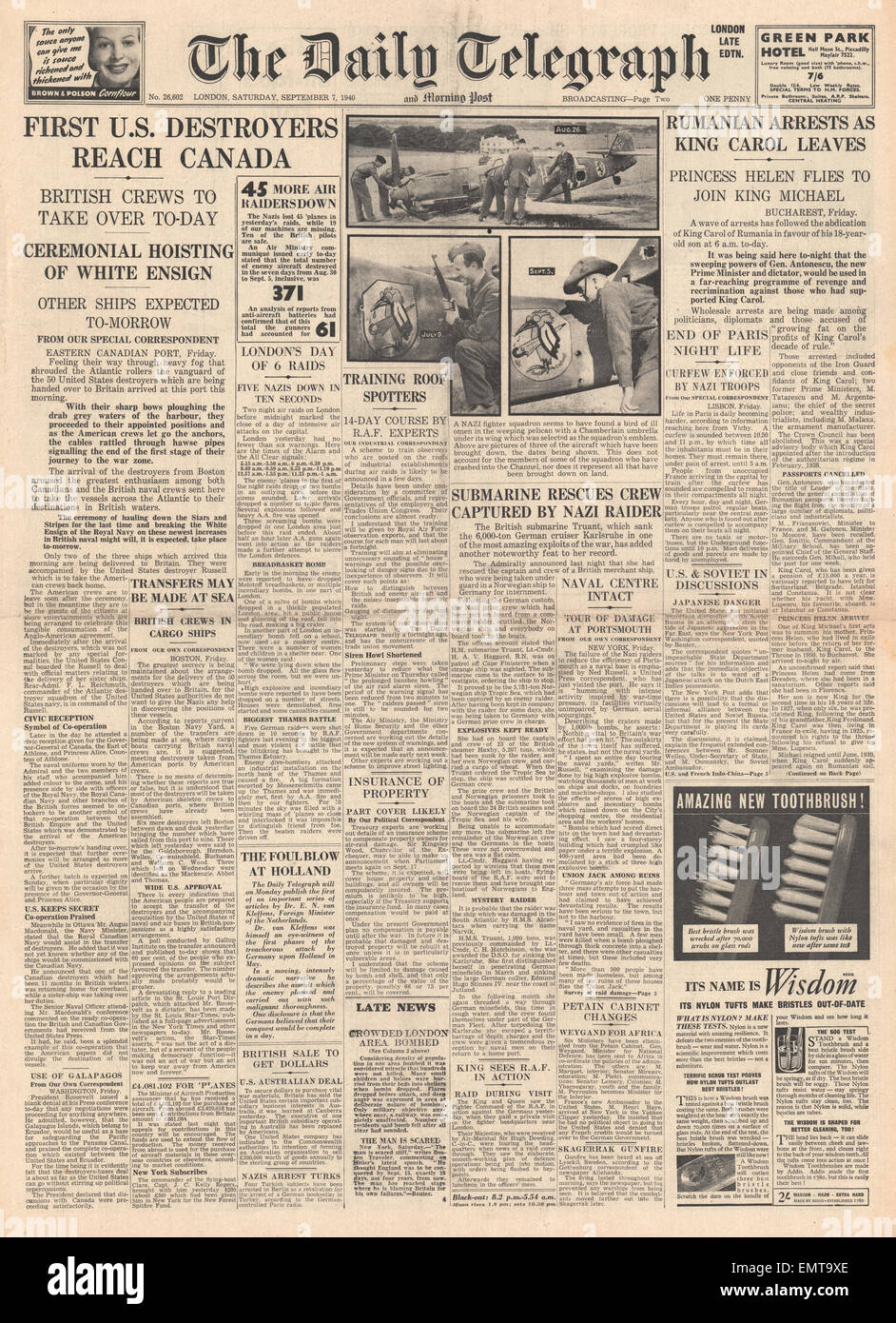 1940-Titelseite erreichen Daily Telegraph ersten amerikanischen Zerstörern Kanada König Carol von Rumänien dankt Stockfoto