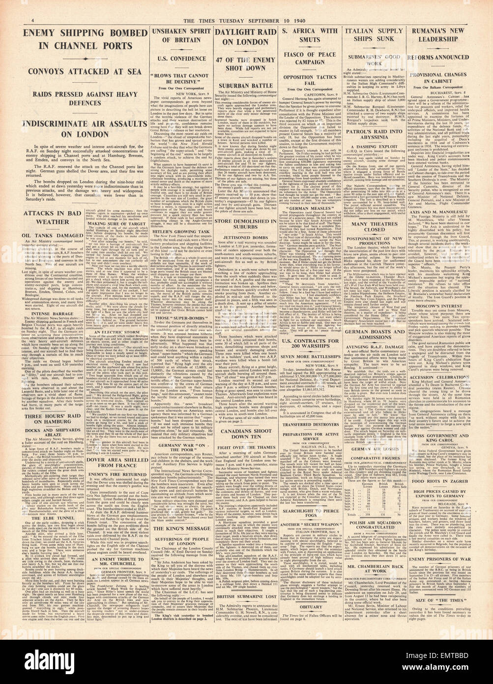 1940 s. 4 The Times Massive Luftwaffe Bombenangriff auf London Stockfoto