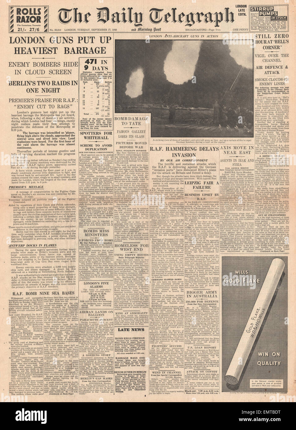 1940-Titelseite Feuer Daily Telegraph schwere Anti Flugzeuge auf Deutsch Raiders Stockfoto