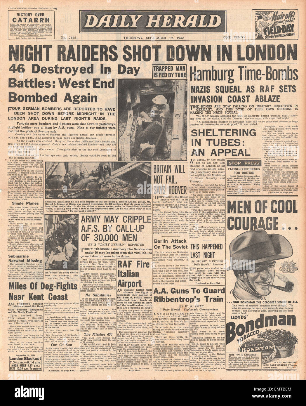 1940-Titelseite Daily Herald Luftwaffe Flugzeuge abgeschossen über London Südost Stockfoto