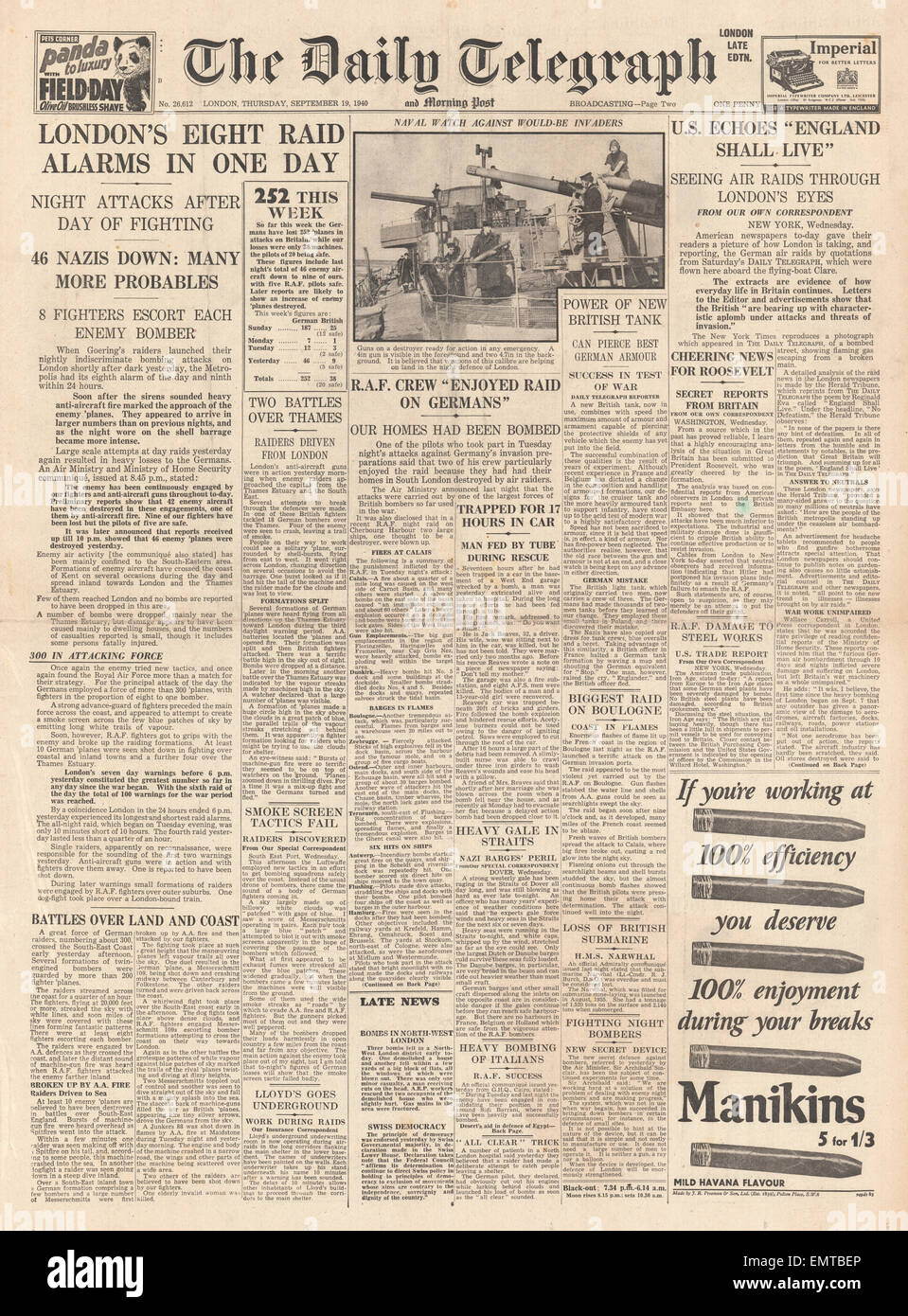 1940-Titelseite Daily Telegraph Luftwaffe Flugzeuge abgeschossen über London Südost Stockfoto