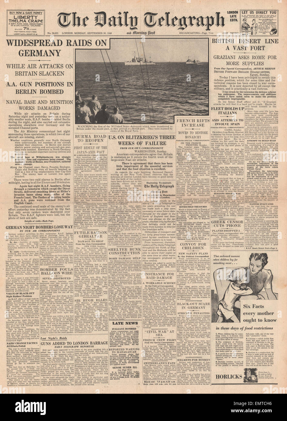 1940-Titelseite Daily Telegraph verbreitet RAF Angriffe auf Deutschland Stockfoto