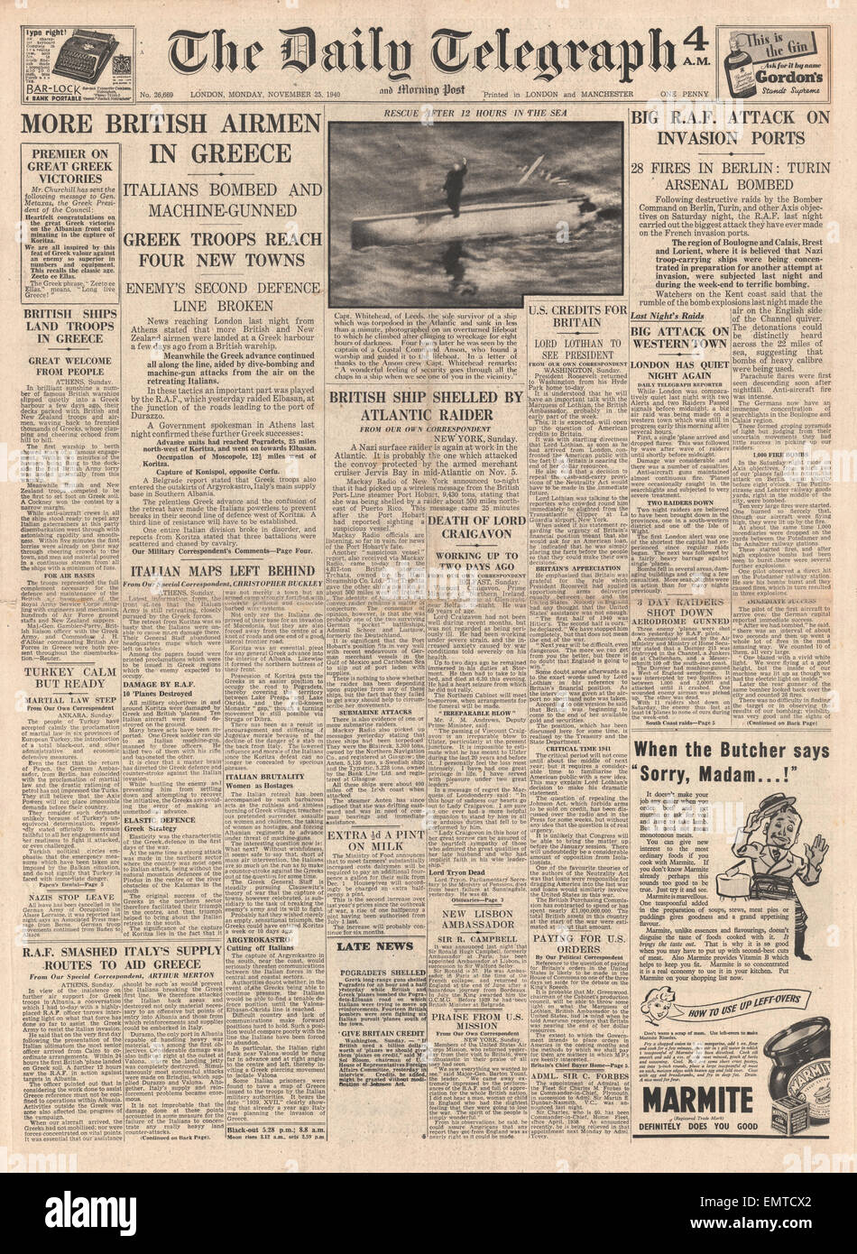 1940-Titelseite Daily Telegraph britische Flieger in Griechenland RAF Angriff französischen Hafen von Boulogne, Calais, Brest Lorient Stockfoto