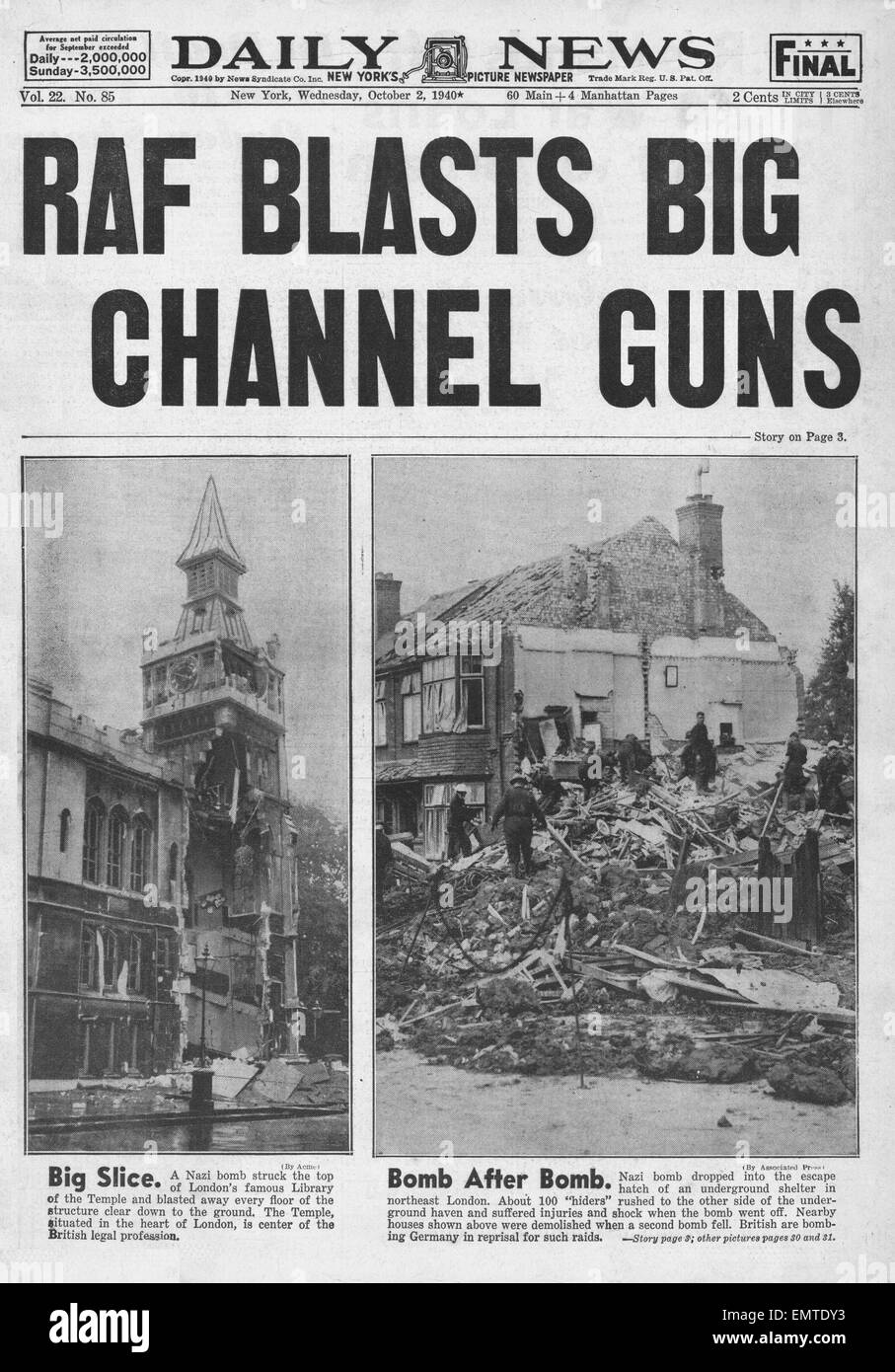 1940 Titelseite Daily News (New York) RAF Bombe deutsche Küste Geschütze London Bombardierungen Stockfoto