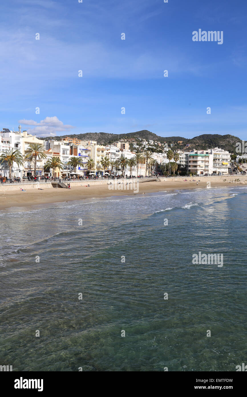 Spanien. Katalonien. Sitges. St. Sebastian-Strand. Stockfoto