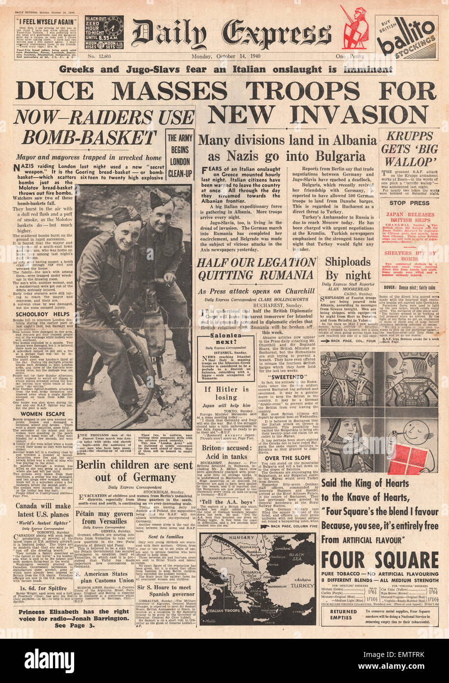 1940-Titelseite Daily Express italienische Kräfte drohen Griechenland Stockfoto