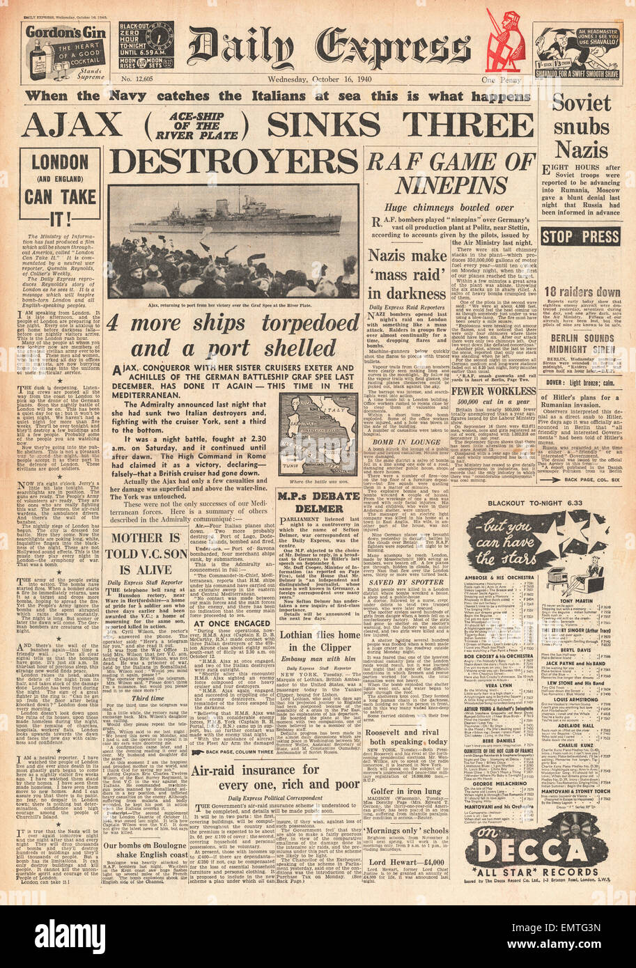 1940-Titelseite Daily Express HMS Ajax sinkt italienische Kriegsschiffe Ariel, Airone Artigliere in der Schlacht von Kap Passero Stockfoto