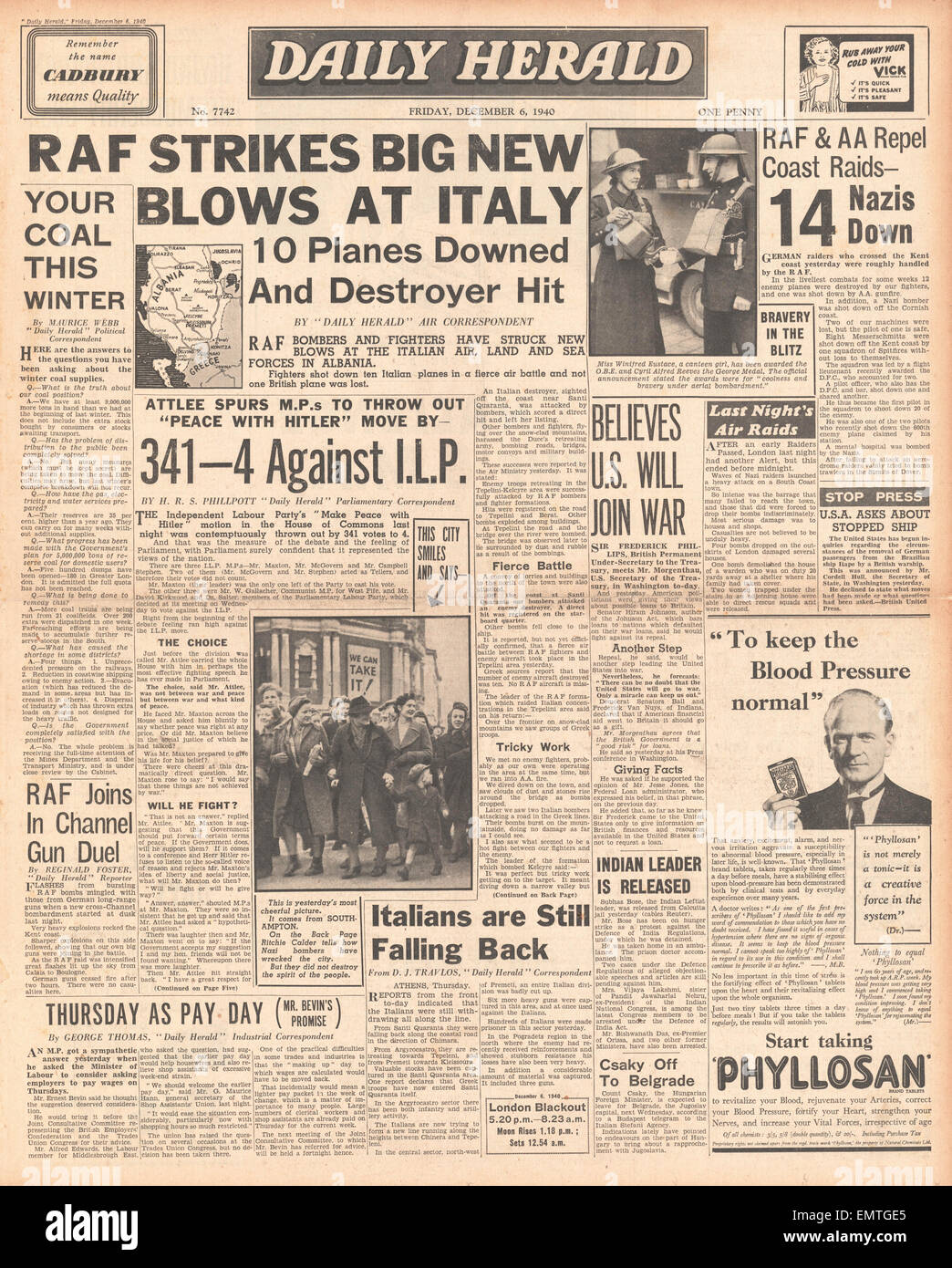1940-Titelseite Daily Herald RAF Luftangriffe auf italienische Truppen in Albanien Küste Razzien gegen Großbritannien Stockfoto