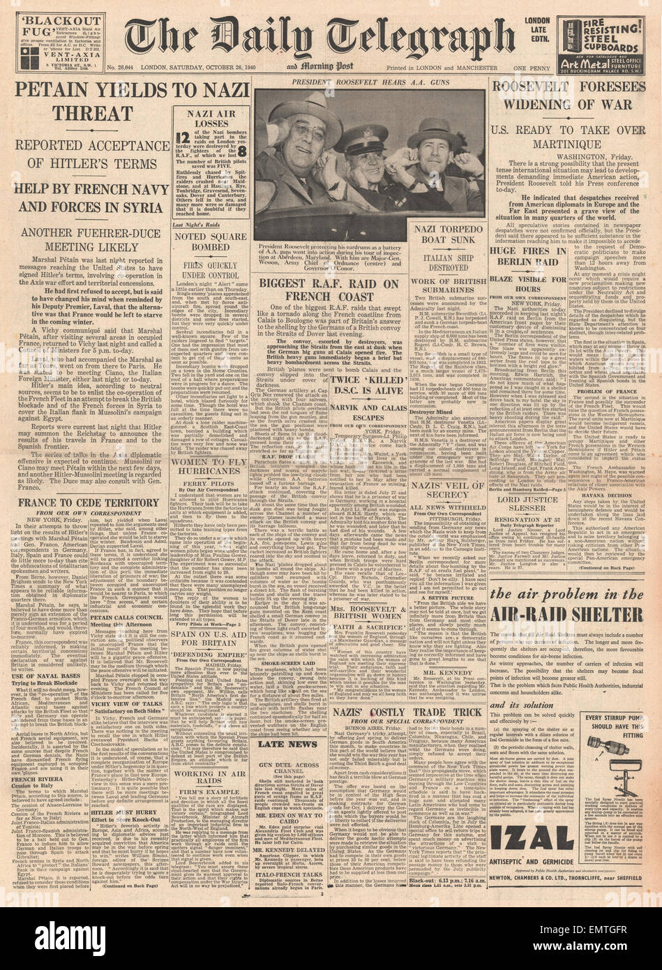 1940-Titelseite, Daily Telegraph britische deutsche Waffen über die Straße von Dover Vichy-Frankreich Feuer, diskutieren Beziehungen Stockfoto