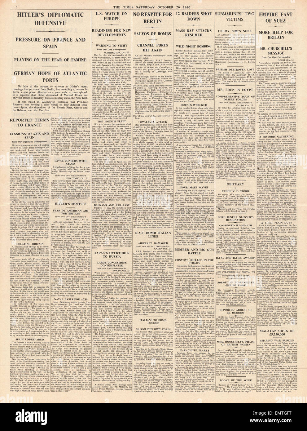 1940-Seite, die über die Straße von Dover Vichy-Frankreich 4 The Times britische deutsche Geschütze feuern diskutieren Beziehungen zu Deutschland Stockfoto