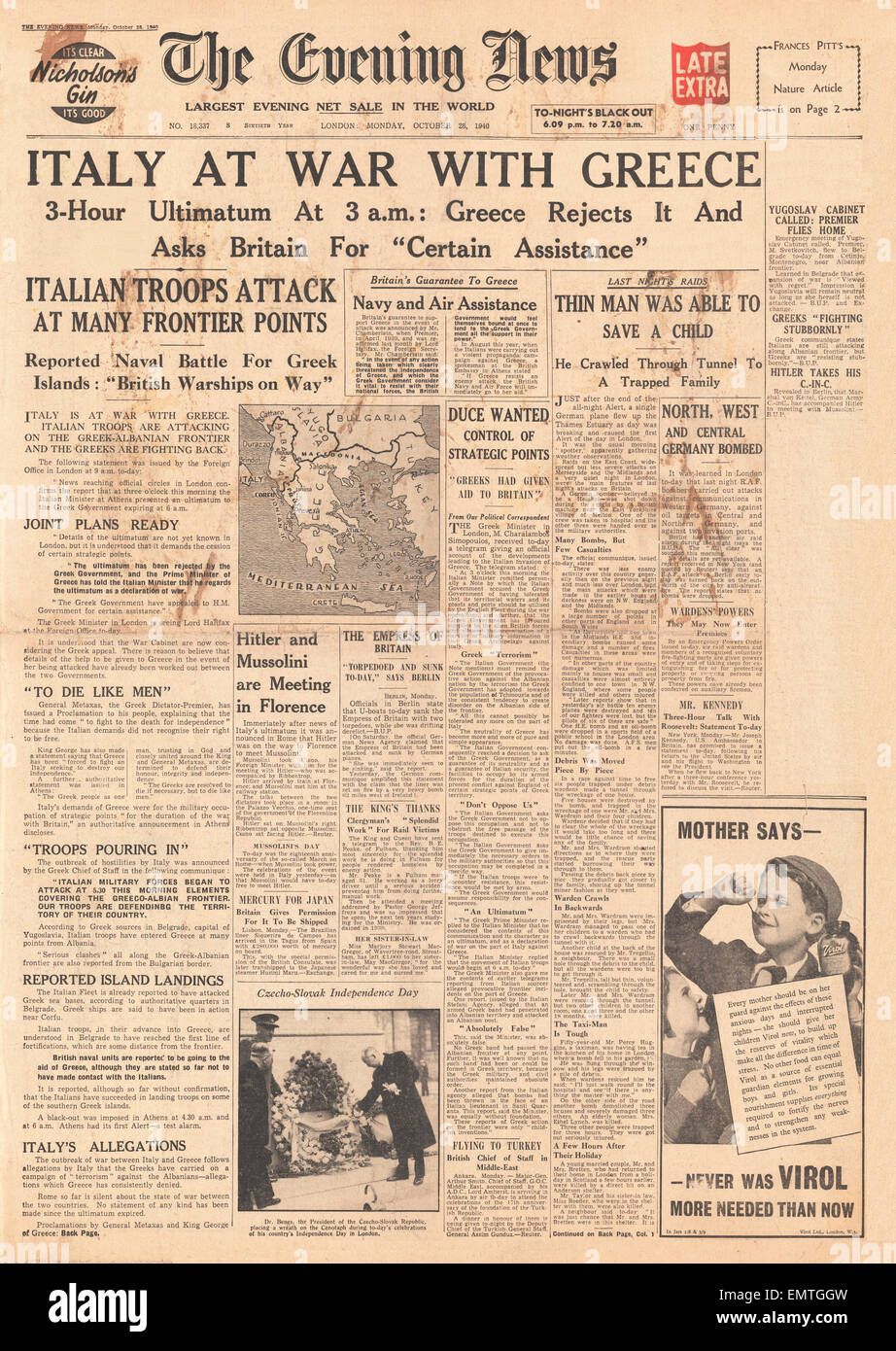 1940-Titelseite Evening News Italien im Krieg mit Griechenland Stockfoto