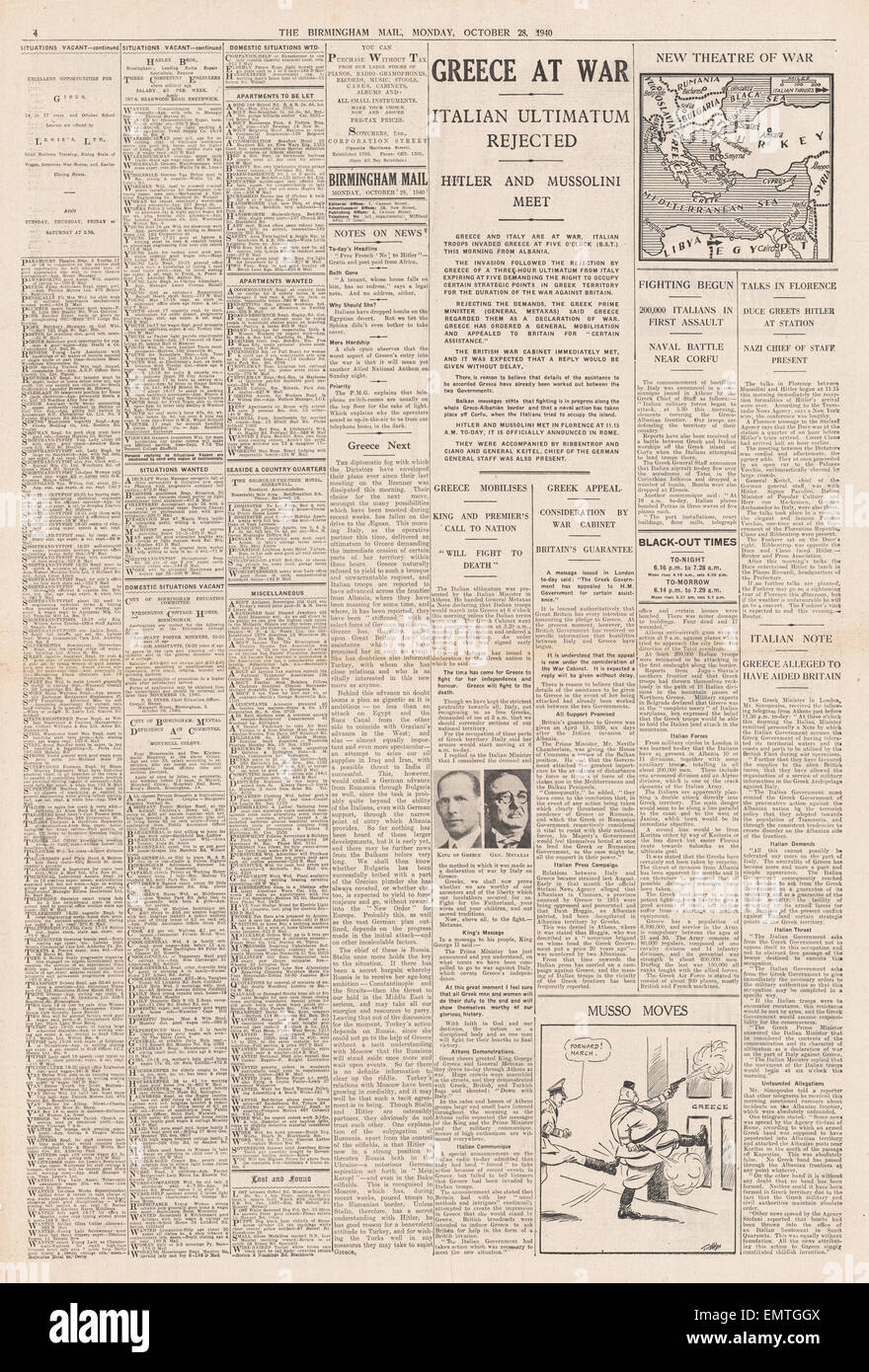 1940-Titelseite Birmingham Mail Italien im Krieg mit Griechenland Stockfoto