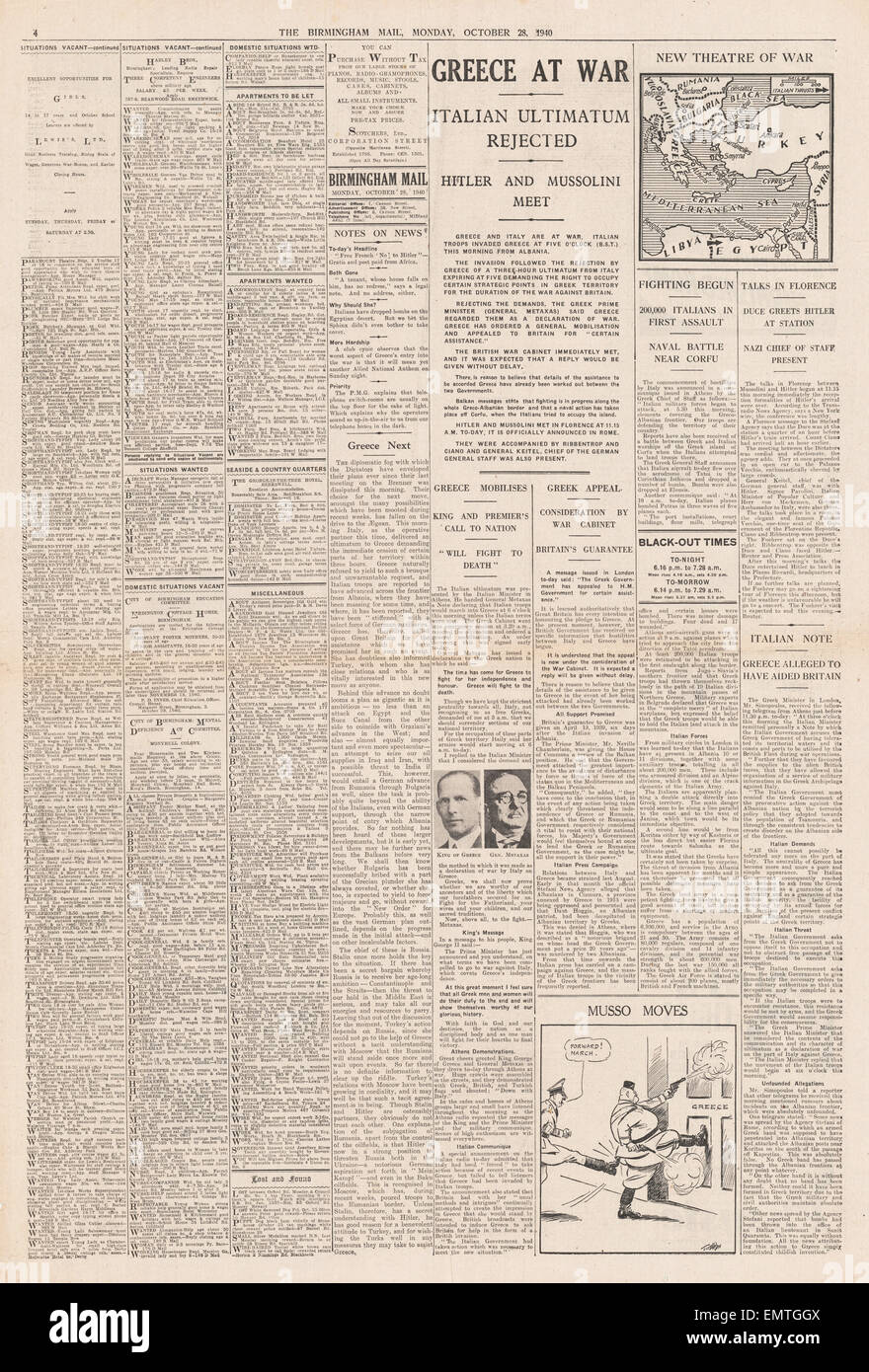 1940-Titelseite Birmingham Mail Italien im Krieg mit Griechenland Stockfoto