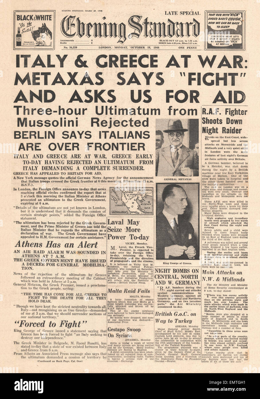 1940-Titelseite Abend Standard Italien im Krieg mit Griechenland Stockfoto