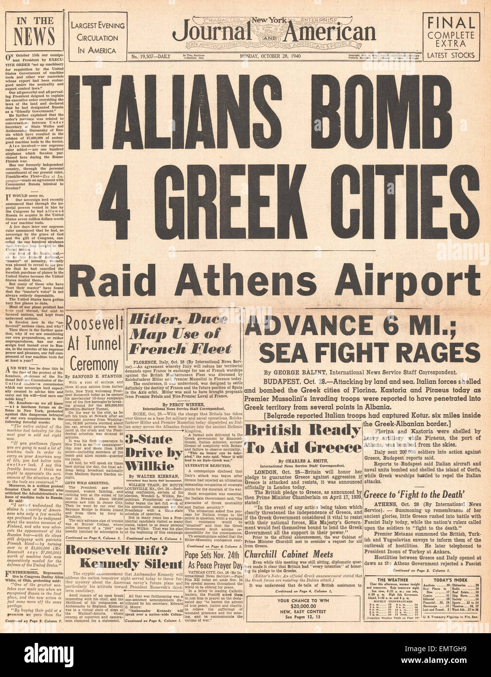 1940-Titelseite New York Journal amerikanischen Italien im Krieg mit Griechenland Stockfoto