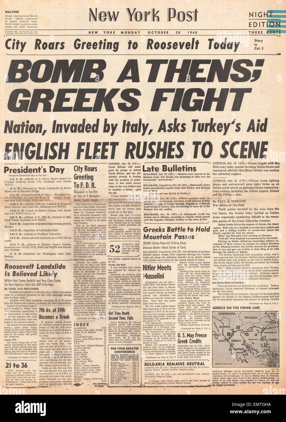 1940-Titelseite New York Post Italien im Krieg mit Griechenland Stockfoto