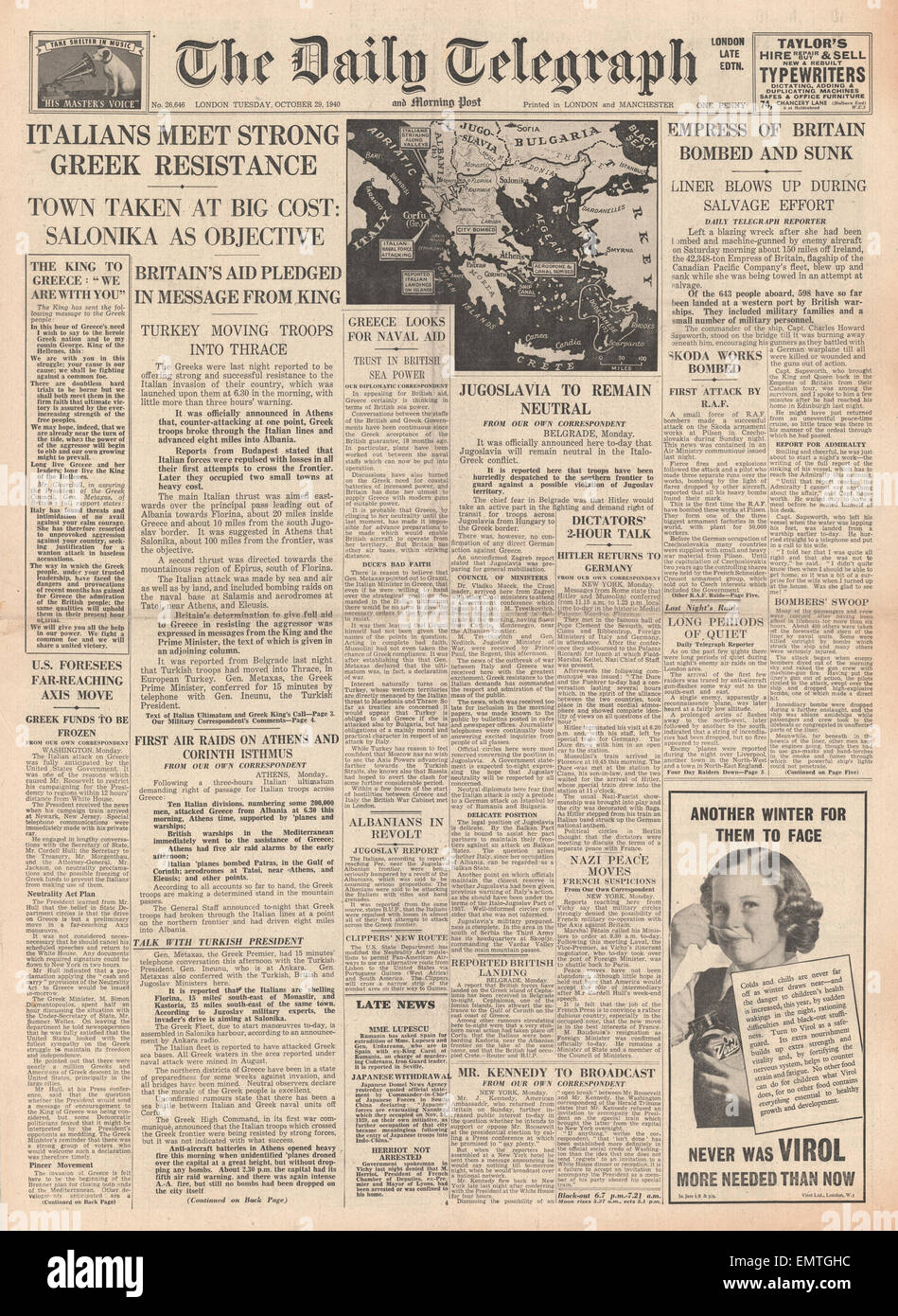 1940-Titelseite Daily Telegraph Italien im Krieg mit Griechenland Großbritannien verspricht Hilfe, Griechenland Stockfoto