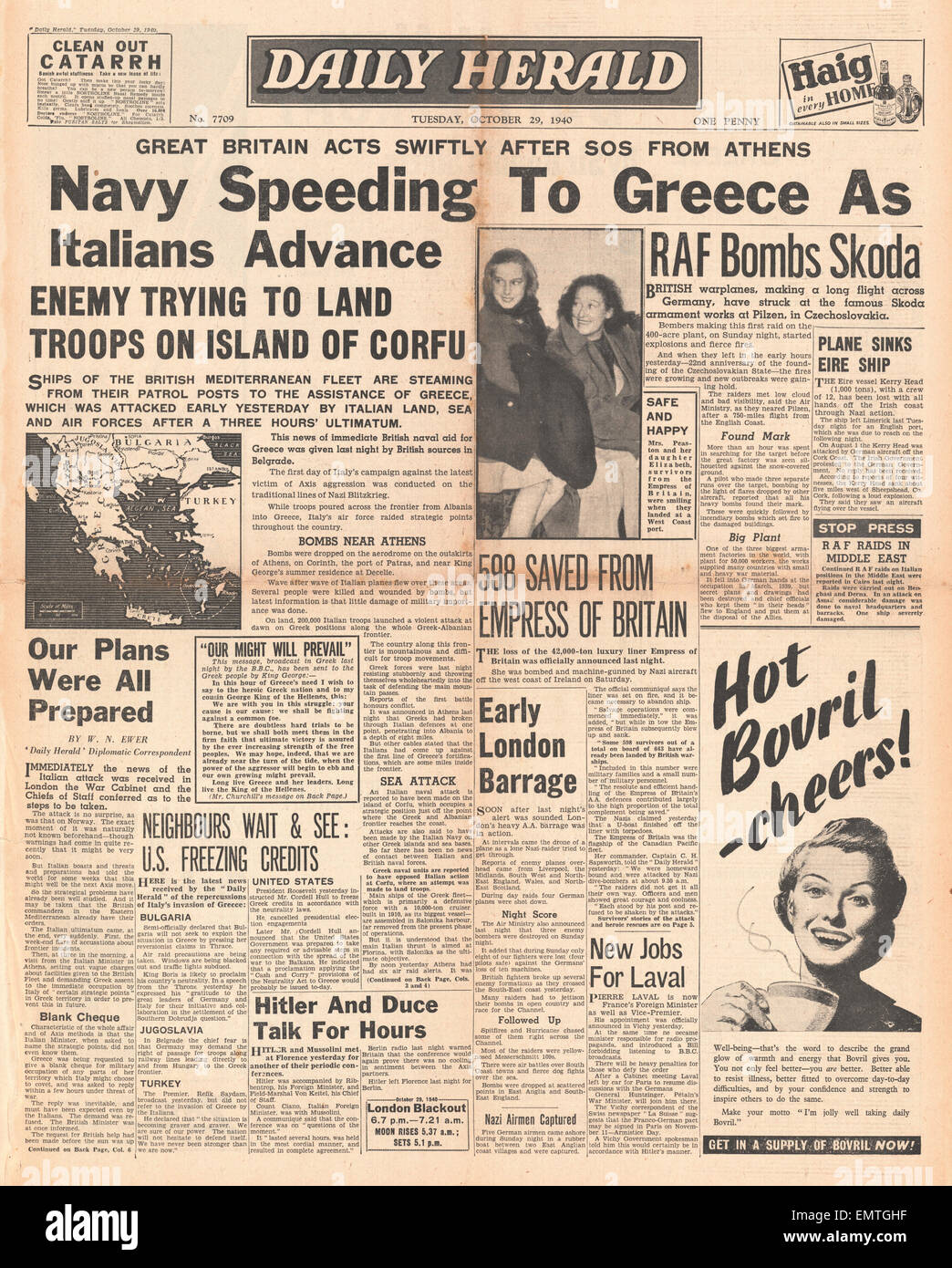 1940-Titelseite Daily Herald Italien im Krieg mit Griechenland königliche Marine Kriegsschiffe Kopf für Griechenland Stockfoto