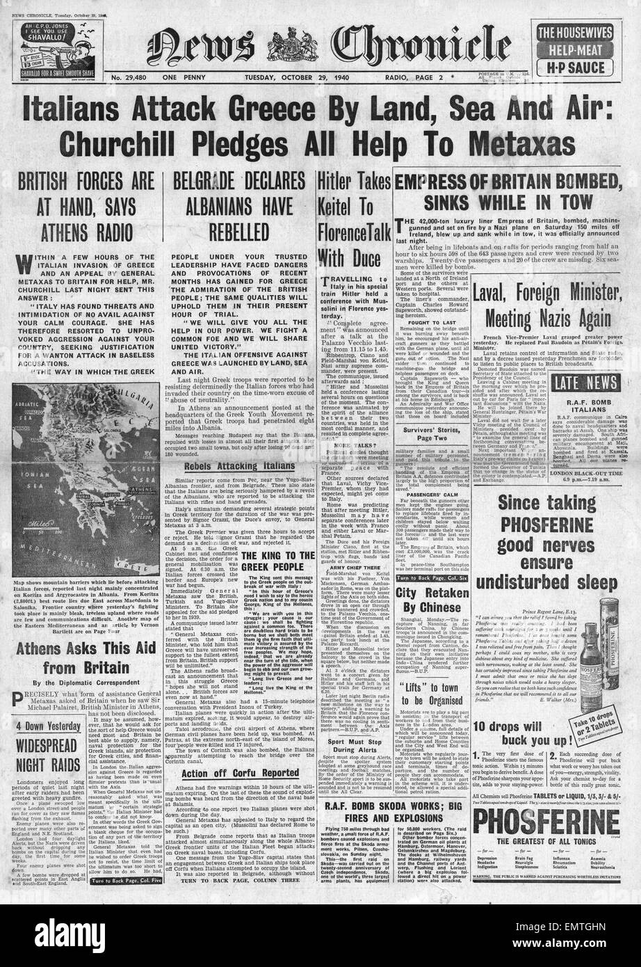 1940-Titelseite News Chronicle Italien im Krieg mit Griechenland Großbritannien verspricht Hilfe, Griechenland Stockfoto