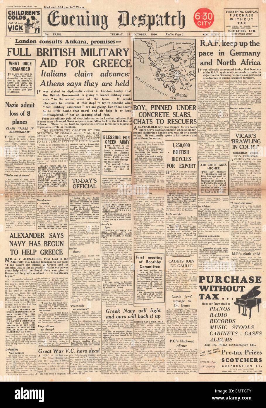 1940-Titelseite Abend Versand Italien im Krieg mit Griechenland Großbritannien verspricht Hilfe, Griechenland Stockfoto