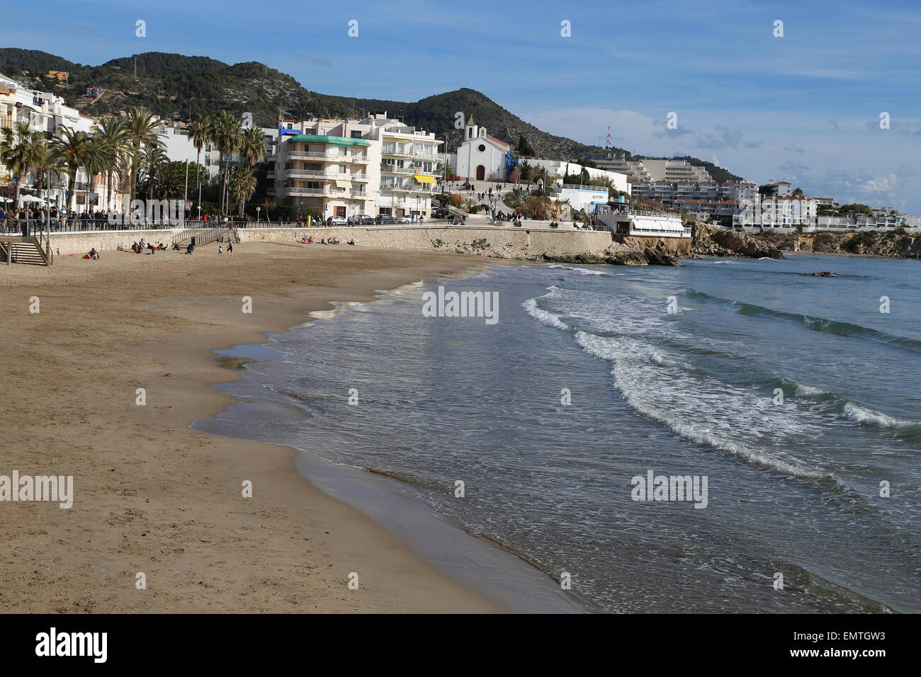 Spanien. Katalonien. Sitges. St. Sebastian-Strand. Stockfoto