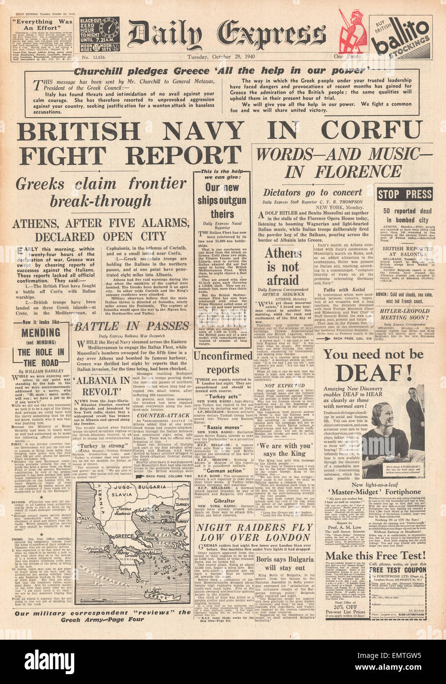 1940-Titelseite Daily Express Italien im Krieg mit Griechenland Royal Navy in Aktion auf Corfu Stockfoto