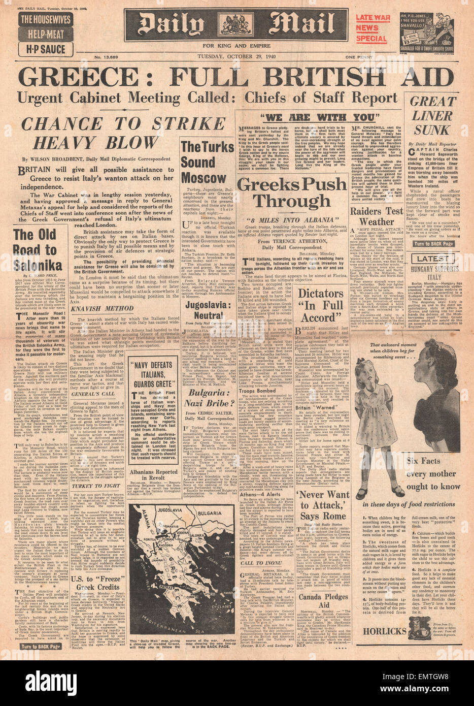 1940-Titelseite Tagespost Italien im Krieg mit Griechenland Großbritannien verspricht Hilfe, Griechenland Stockfoto