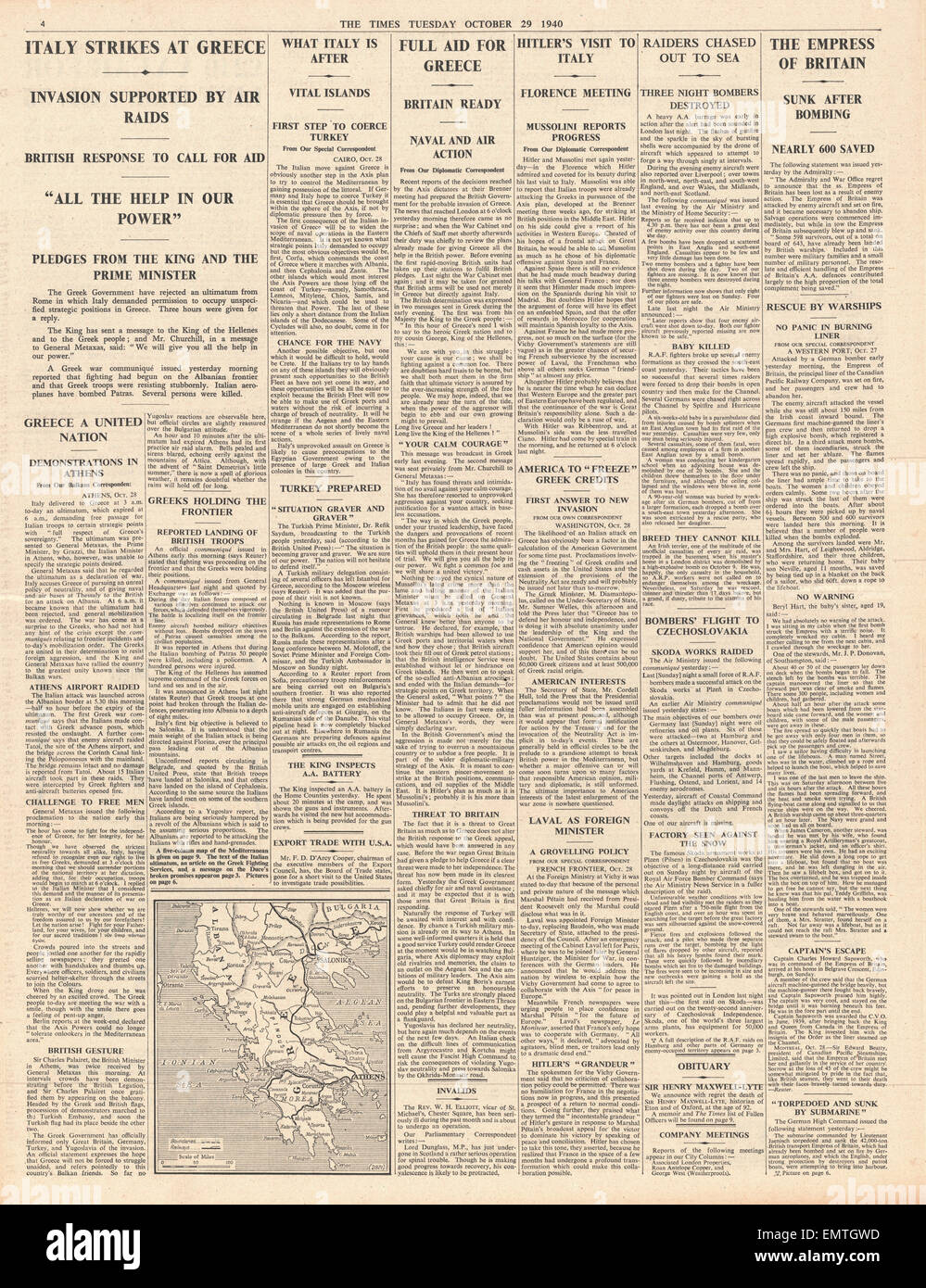 1940 s. 4 die Zeiten Italien im Krieg mit Griechenland Großbritannien verspricht Hilfe, Griechenland Stockfoto
