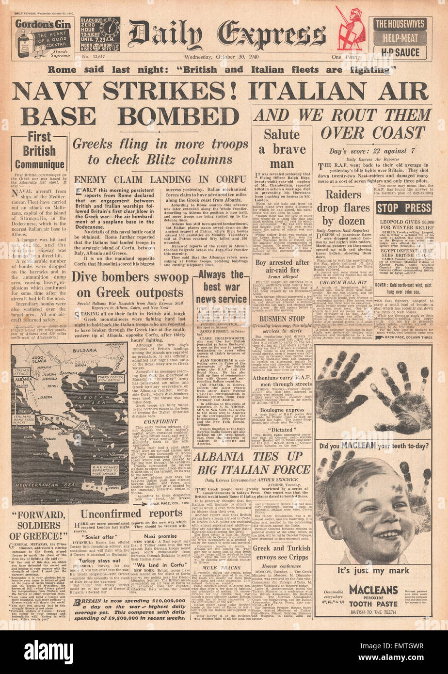 1940-Titelseite Daily Express Royal Navy Bomben italienischer Luftwaffenstützpunkt in der Nähe von Athen Stockfoto