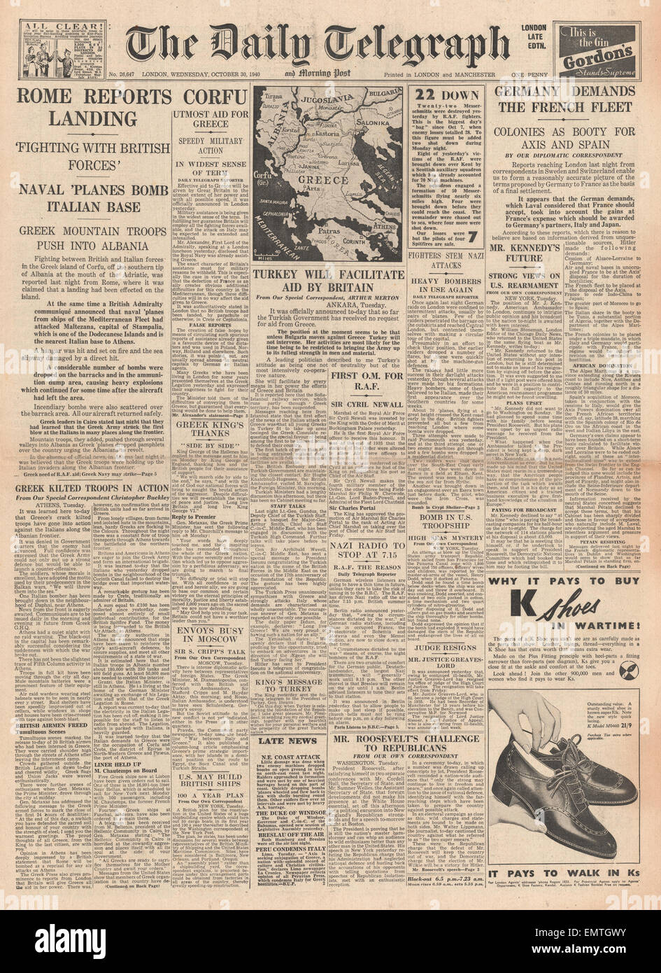 1940-Titelseite Daily Telegraph italienische Armee angreifen der Insel Korfu Stockfoto