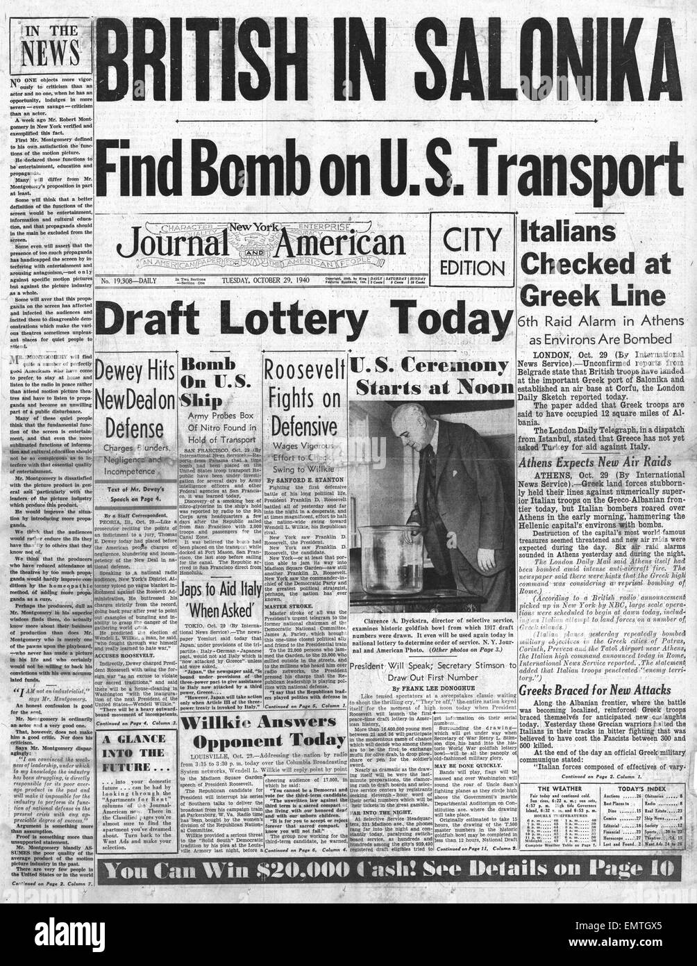 1940 Titelseite New York Journal amerikanischen britische Truppen landen in Saloniki Stockfoto