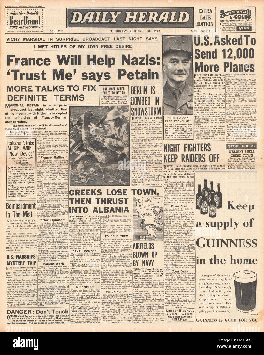 1940-Titelseite Daily Herald Marschall Petain sagt, dass Frankreich Deutschland hilft Stockfoto