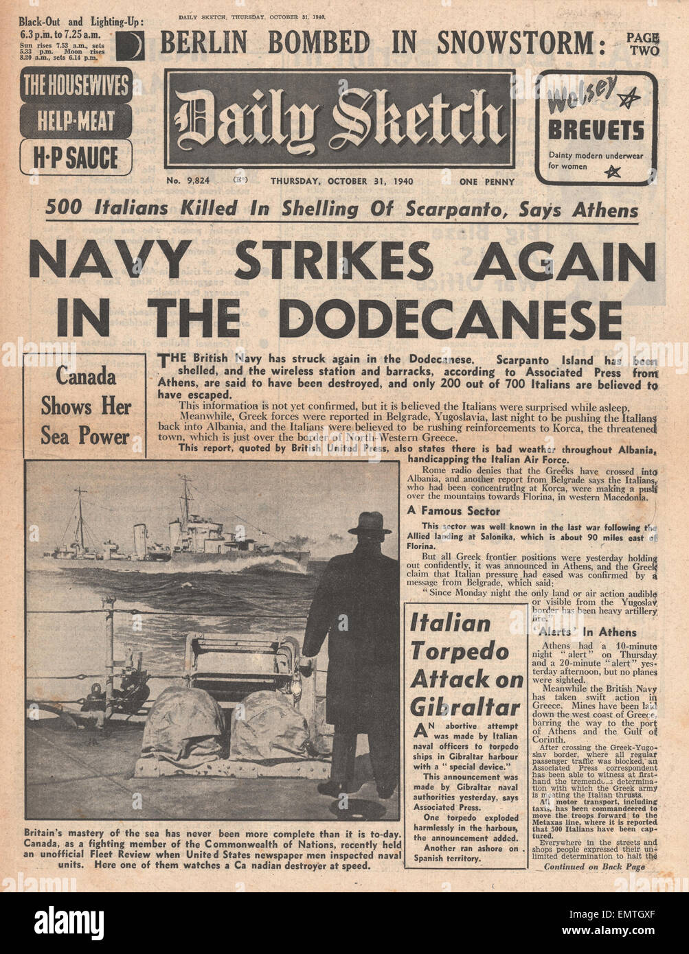 1940-Granaten Titelseite Daily Sketch Royal Navy Scarpanto Insel im Dodekanes Stockfoto