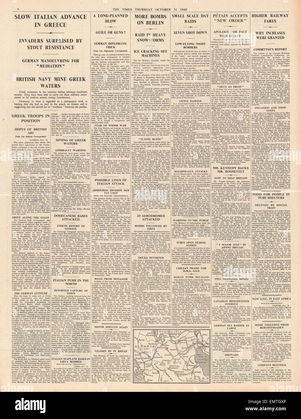 1940-Titelseite der Times italienische Armee voraus in Griechenland Stockfoto